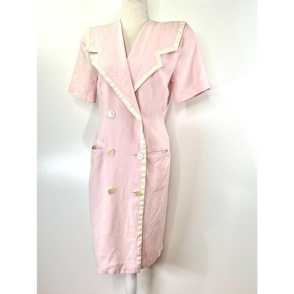 Vintage 90s Statement Lapel Midi Dress Pink Charter Club Linen Blend Secretary - Picture 4 of 7